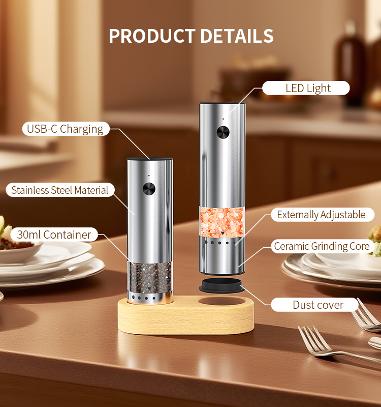 日韩友好款 2025 科力通最新迷你款电动胡椒研磨器(2件装带木制底座) ODM/OEM代工厂 | 胡椒研磨器推荐 KYMQ-82A-BS款 贴牌定制|电商爆款厨房小家电批发拿货|科力通-27年源头厂家 2025新款充电不锈钢电动胡椒盐研磨器 外部粗细调节环 - 图片 5