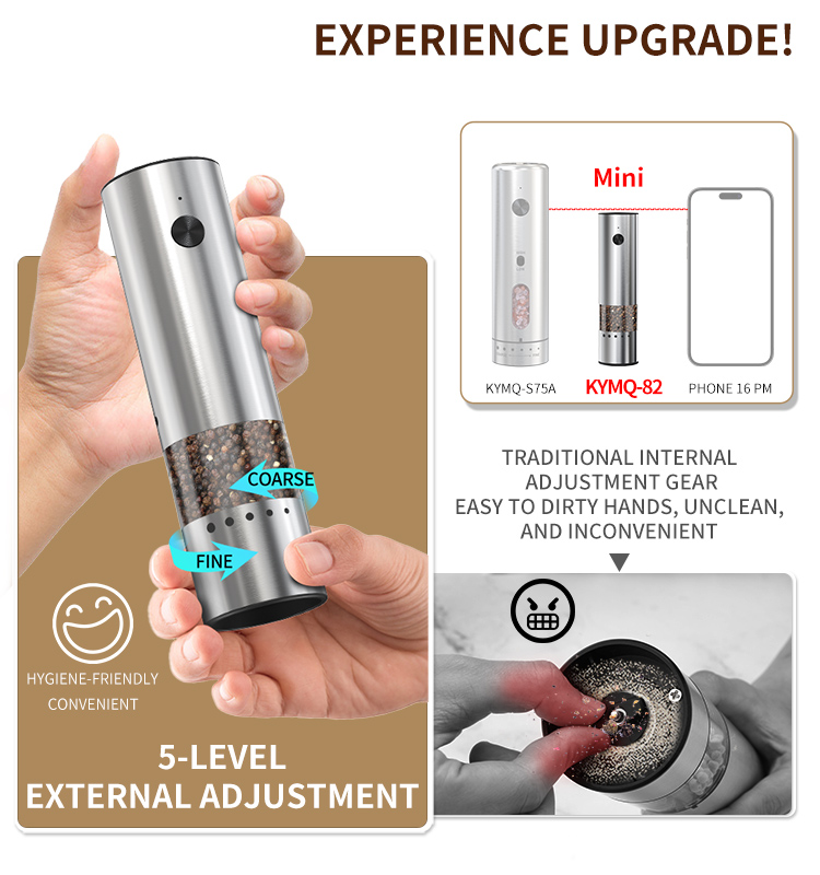 日韩友好款 2025 科力通最新迷你款电动胡椒研磨器(单支装) ODM/OEM代工厂 | 胡椒研磨器推荐 KYMQ-82A款 贴牌定制|电商爆款厨房小家电批发拿货|科力通-27年源头厂家 2025新款充电不锈钢电动胡椒盐研磨器 外部粗细调节环 - 图片 3