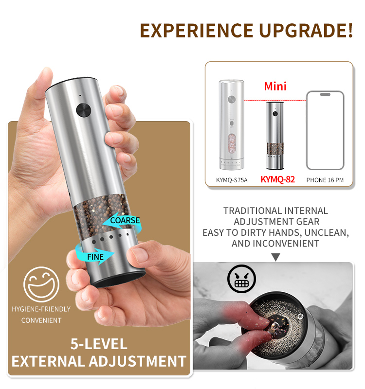日韩友好款 2025 科力通最新迷你款电动胡椒研磨器(2件装带木制底座) ODM/OEM代工厂 | 胡椒研磨器推荐 KYMQ-82A-BS款 贴牌定制|电商爆款厨房小家电批发拿货|科力通-27年源头厂家 2025新款充电不锈钢电动胡椒盐研磨器 外部粗细调节环 - 图片 8